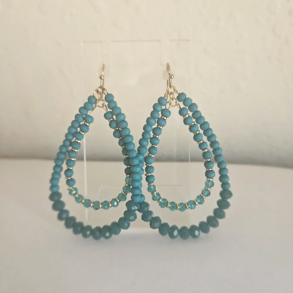 Boho Chic Double Teardrop Dangle Statement Earrings with Faceted Beads - Picture 2 of 4